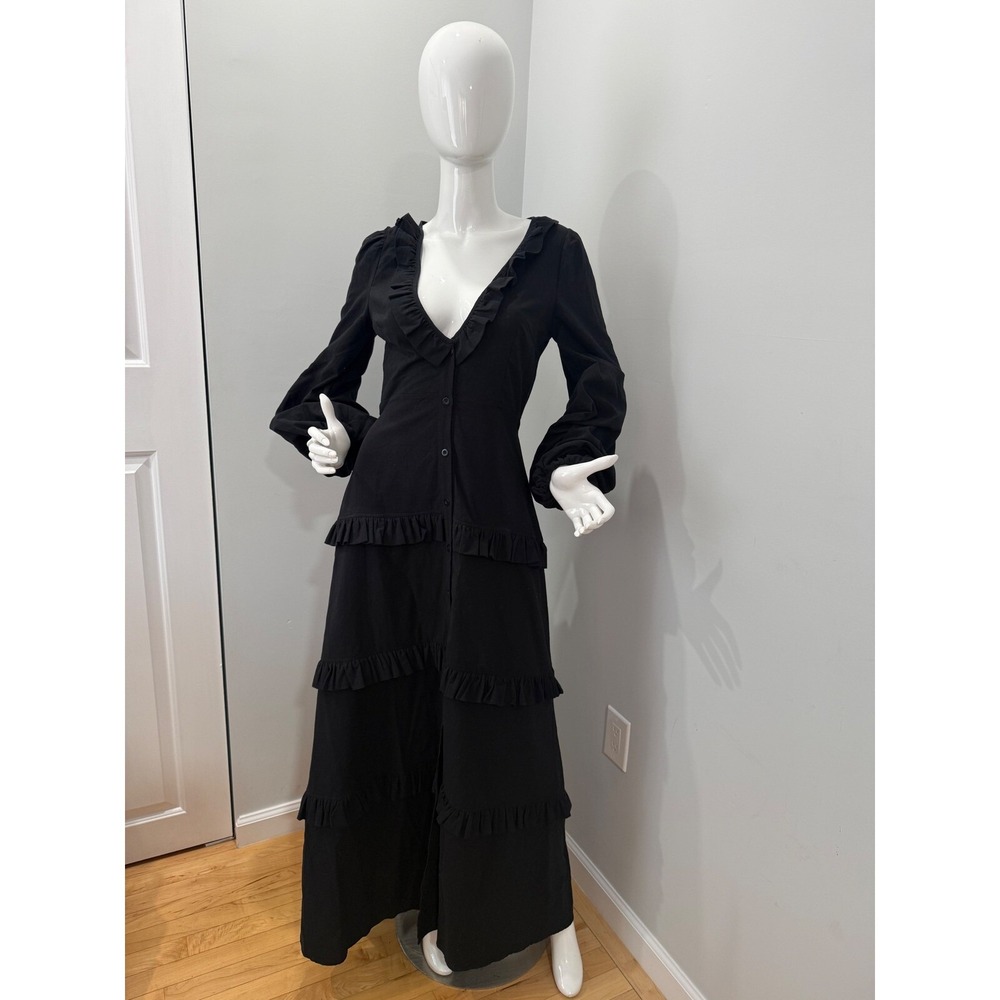 Commense Cotton & Linen Semi-Sheer Ruffle Maxi Dress Flowy Black Dress size XS - Picture 5 of 8